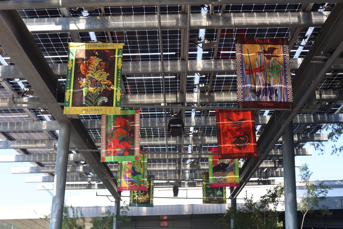 RHIZOMATIC tapestry installation at Austin Central Library rooftop garden